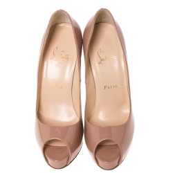 Christian Louboutin Nude Beige Patent Leather Very Prive Peep Toe Pumps Size 38.5
