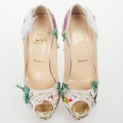 Pre Owned Christian Louboutin Satin 'Make Up Trash' Lady Peep Toe Platform Pumps Size 36