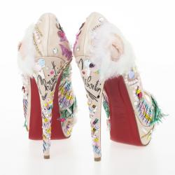 Pre Owned Christian Louboutin Satin 'Make Up Trash' Lady Peep Toe Platform Pumps Size 36