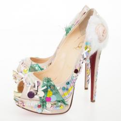Pre Owned Christian Louboutin Satin 'Make Up Trash' Lady Peep Toe Platform Pumps Size 36