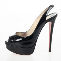مملوكة مسبقًا Christian Louboutin Black Patent Lady Peep Slingback Platform Sandals Size 38