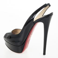 مملوكة مسبقًا Christian Louboutin Black Patent Lady Peep Slingback Platform Sandals Size 38
