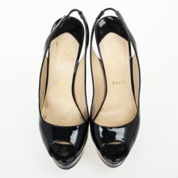 مملوكة مسبقًا Christian Louboutin Black Patent Lady Peep Slingback Platform Sandals Size 38