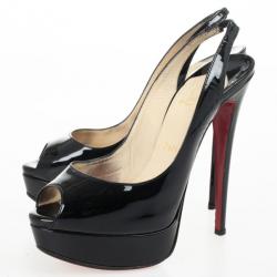 مملوكة مسبقًا Christian Louboutin Black Patent Lady Peep Slingback Platform Sandals Size 38