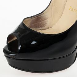 مملوكة مسبقًا Christian Louboutin Black Patent Lady Peep Slingback Platform Sandals Size 38