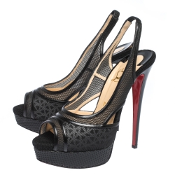 Pre Owned Christian Louboutin Black Leather And Net Marinadentella Platform Slingback Sandals Size 40.5