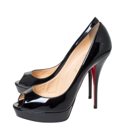 Pre Owned Christian Louboutin Black Patent Leather Lady Peep Platform Pumps Size 41