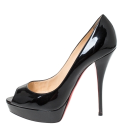 Pre Owned Christian Louboutin Black Patent Leather Lady Peep Platform Pumps Size 41