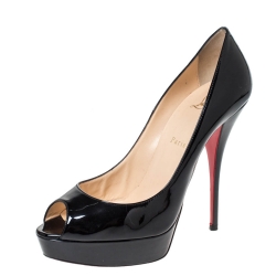 Pre Owned Christian Louboutin Black Patent Leather Lady Peep Platform Pumps Size 41