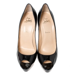 Pre Owned Christian Louboutin Black Patent Leather Lady Peep Platform Pumps Size 41