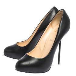 Pre Owned Christian Louboutin Black Leather Round Toe Pointed Heel Pumps Size 42