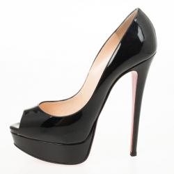 Pre Owned Christian Louboutin Black Patent Lady Peep Toe Platform Pumps Size 37
