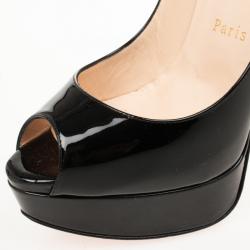 Pre Owned Christian Louboutin Black Patent Lady Peep Toe Platform Pumps Size 37