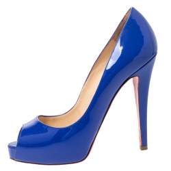 Pre Owned Christian Louboutin Blue Patent Leather Peep Toe Very Prive Pump Size 37