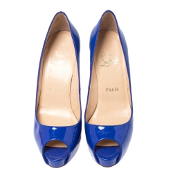 Pre Owned Christian Louboutin Blue Patent Leather Peep Toe Very Prive Pump Size 37