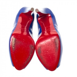 Pre Owned Christian Louboutin Blue Patent Leather Peep Toe Very Prive Pump Size 37