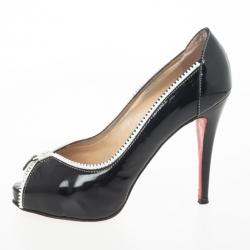 Pre Owned Christian Louboutin Black Patent Leather 'Caracolo Plateau' Peep Toe Pumps Size 38