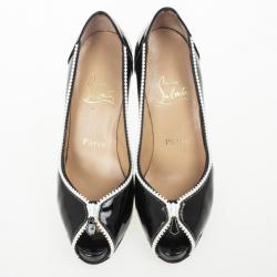 Pre Owned Christian Louboutin Black Patent Leather 'Caracolo Plateau' Peep Toe Pumps Size 38