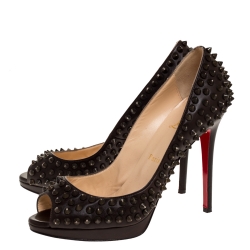 Pre Owned Christian Louboutin Brown Leather Yolanda Spiked Peep Toe Platform Pumps Size 39
