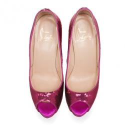 Pre Owned Christian Louboutin Pink Sequins Very Prive Peep Toe Pumps Size 37