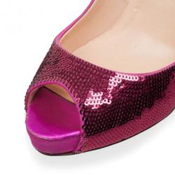 Pre Owned Christian Louboutin Pink Sequins Very Prive Peep Toe Pumps Size 37