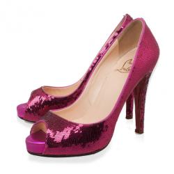 Pre Owned Christian Louboutin Pink Sequins Very Prive Peep Toe Pumps Size 37