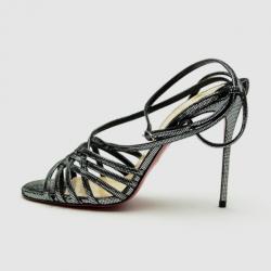 Pre Owned Christian Louboutin Black Strappy Metallic-Square 'Beverly' Sandals Size 39