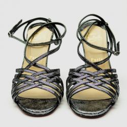 Pre Owned Christian Louboutin Black Strappy Metallic-Square 'Beverly' Sandals Size 39