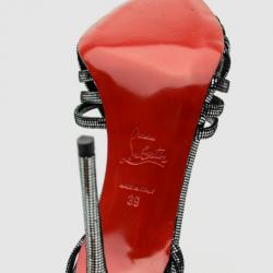 Pre Owned Christian Louboutin Black Strappy Metallic-Square 'Beverly' Sandals Size 39