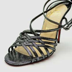 Pre Owned Christian Louboutin Black Strappy Metallic-Square 'Beverly' Sandals Size 39
