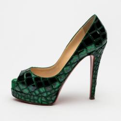 Pre Owned Christian Louboutin Green Patent Mosaic 'Sobek 140' Peep Toe Platform Pumps Size 36.5