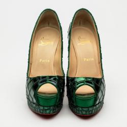 Pre Owned Christian Louboutin Green Patent Mosaic 'Sobek 140' Peep Toe Platform Pumps Size 36.5