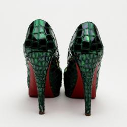 Pre Owned Christian Louboutin Green Patent Mosaic 'Sobek 140' Peep Toe Platform Pumps Size 36.5