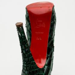 Pre Owned Christian Louboutin Green Patent Mosaic 'Sobek 140' Peep Toe Platform Pumps Size 36.5