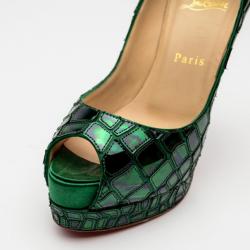 Pre Owned Christian Louboutin Green Patent Mosaic 'Sobek 140' Peep Toe Platform Pumps Size 36.5