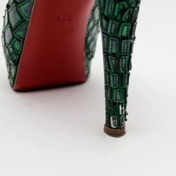 Pre Owned Christian Louboutin Green Patent Mosaic 'Sobek 140' Peep Toe Platform Pumps Size 36.5