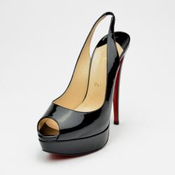 Pre Owned Christian Louboutin Black Patent Lady Peeptoe Sling Back Platform Sandals Size 39.5