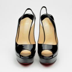 Pre Owned Christian Louboutin Black Patent Lady Peeptoe Sling Back Platform Sandals Size 39.5