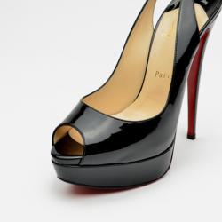 Pre Owned Christian Louboutin Black Patent Lady Peeptoe Sling Back Platform Sandals Size 39.5