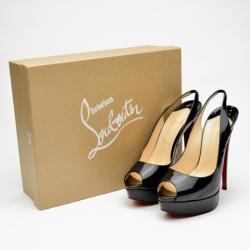 Pre Owned Christian Louboutin Black Patent Lady Peeptoe Sling Back Platform Sandals Size 39.5