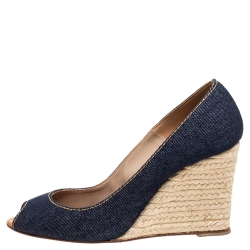 Pre Owned Christian Louboutin Blue Denim Pepi Espadrille Wedge Pumps Size 38
