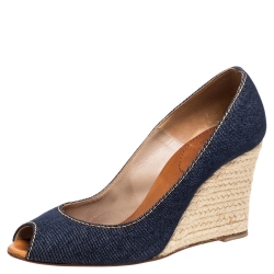 Pre Owned Christian Louboutin Blue Denim Pepi Espadrille Wedge Pumps Size 38