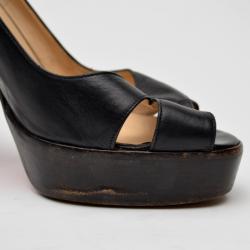 Pre Owned Christian Louboutin Black Leather Peep Toe Crossover Pumps Size 40