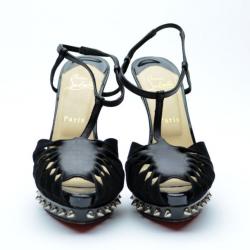 مملوكة مسبقًا Christian Louboutin Black Spiked Platform T-Strap Sandals Size 37.5