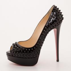 Pre Owned Christian Louboutin Black Patent Peep Toe Spike Pumps Size 38