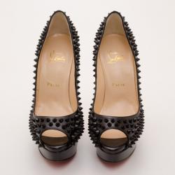 Pre Owned Christian Louboutin Black Patent Peep Toe Spike Pumps Size 38