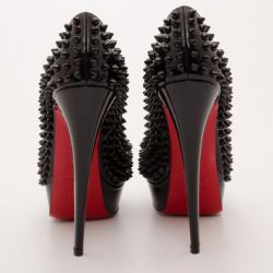 Pre Owned Christian Louboutin Black Patent Peep Toe Spike Pumps Size 38
