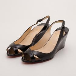 Pre Owned Christian Louboutin Black Patent Peep Toe Wedges Size 38.5