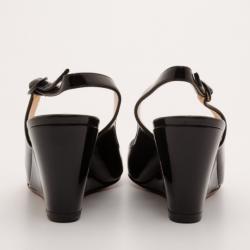 Pre Owned Christian Louboutin Black Patent Peep Toe Wedges Size 38.5