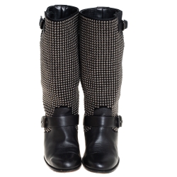 Pre Owned Christian Louboutin Black Leather And Suede Studded Akhalil Mid Calf Boots Size 39